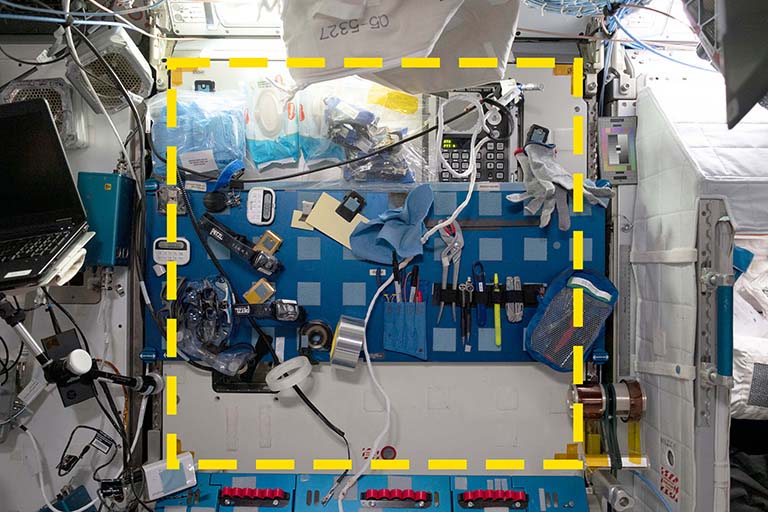 ISS crew members marked off sample sites around the space station as part of the SQuARE archaeological investigation to study how astronauts use objects in space over a period of time.