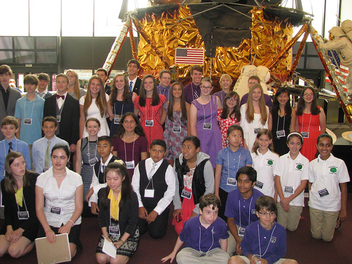 A group shot in front of the Apollo Lunar Module  the SSEP student researcher delegates that presented on the second day of the 2014 SSEP National Conference, Smithsonian National Air and Space Museum, July 3, 2014.