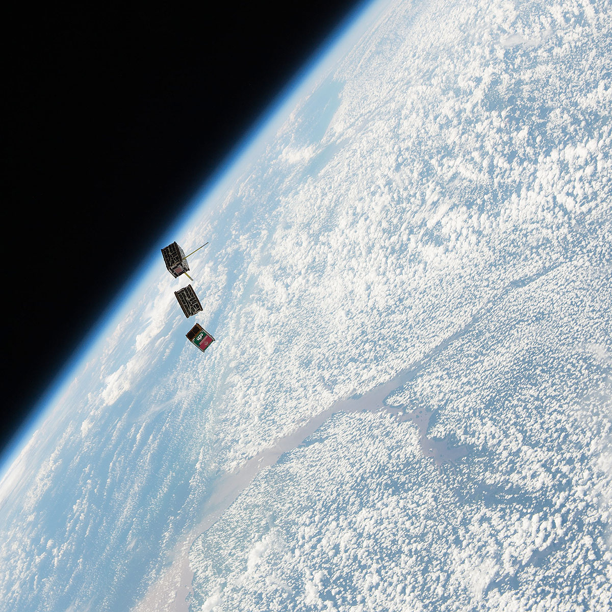 CubeSats NODes 1 & 2 and STMSat 1 are deployed from the International Space Station during Expedition 47.