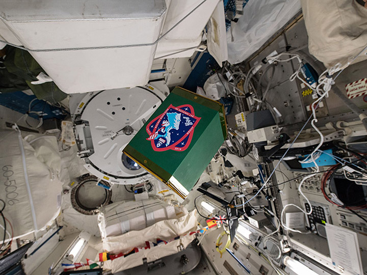 The Team Rocket experiment from the Guardians of the Galaxy Space Station Challenge onboard the International Space Station shortly after the hatch to SpaceXs Dragon spacecraft was opened.