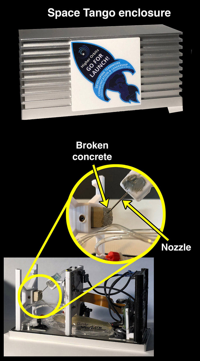 The exterior and interior of the experiment. The nozzle makes direct contact with the broken concrete surface.