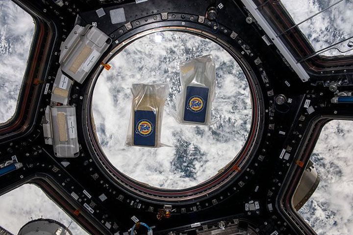 Tide detergent floats in the Cupola on the ISS.