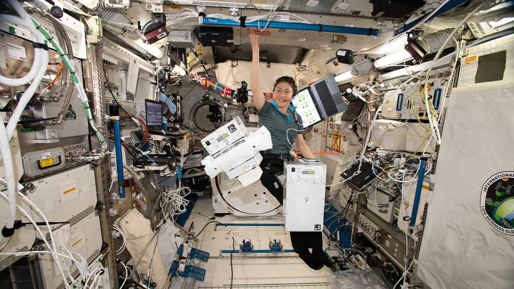 upward-orbitfab-jessica NASA astronaut Christina Koch onboard the ISS with Orbit Fabs FlexTank (left) and the rigid tanker (right) during testing.