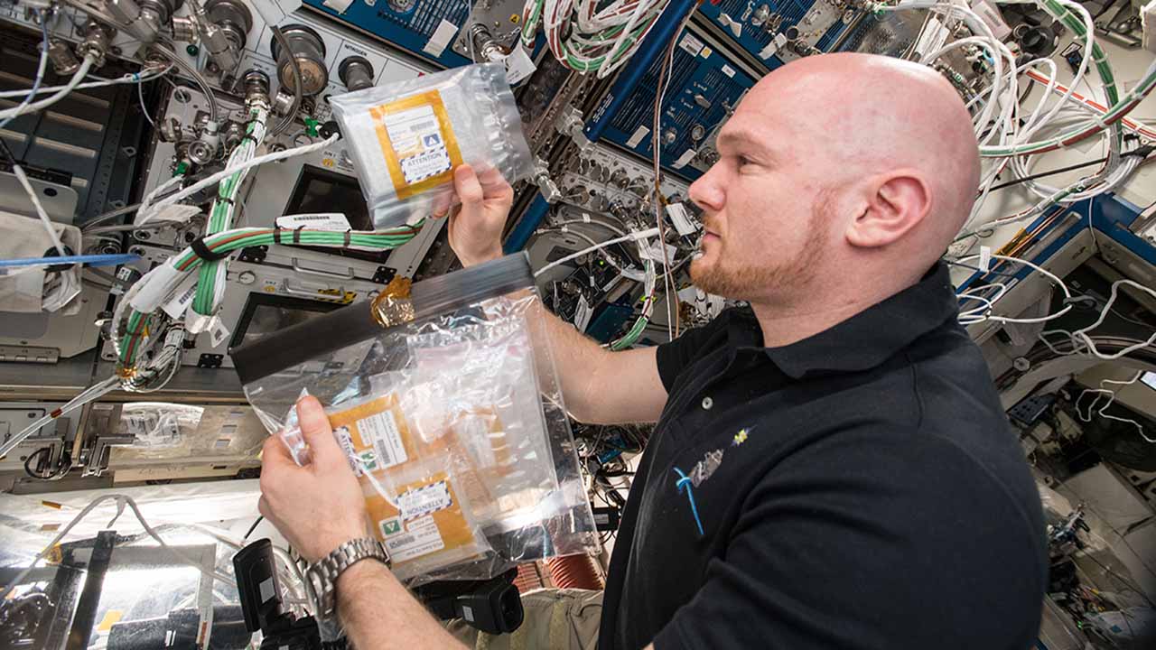 European Space Agency astronaut Alexander Gerst working on the KRAS protein crystallization experiment onboard the ISS