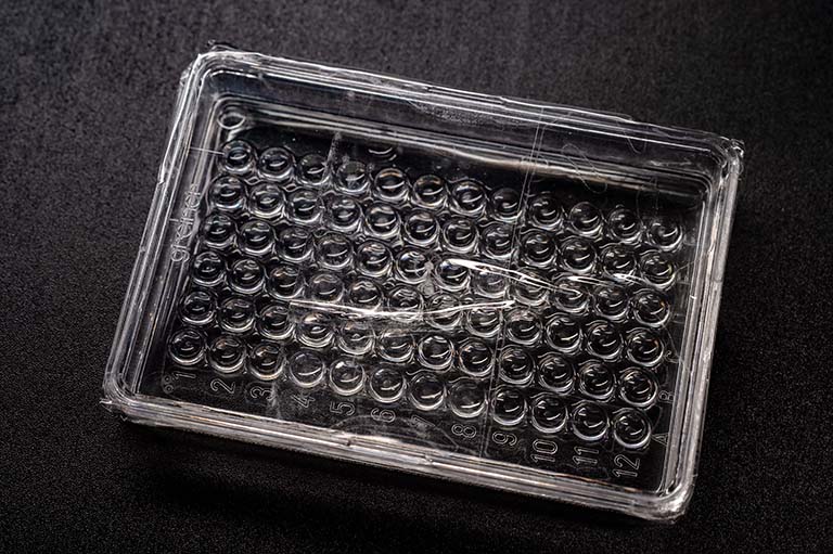 KRAS protein crystallization samples in a 96 well tray.