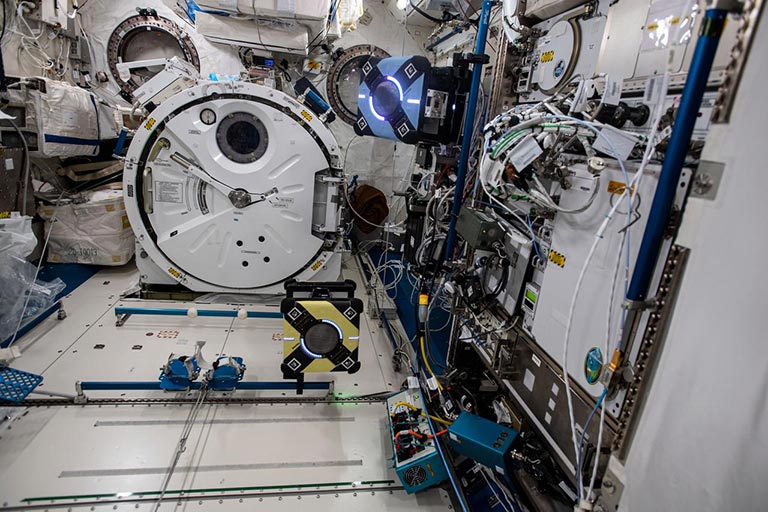 Free-flying Astrobee robots call the space station's Kibo module home.
