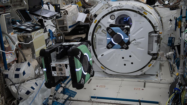 Two Astrobee robots conducted the ROAM investigation on the orbiting laboratory.