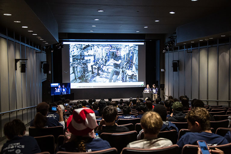Students participating the 2023 Middle School Zero Robotics Finals at MIT with NASA astronaut Woody Hoburg.