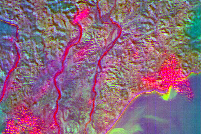 A proprietary Orbital Sidekick analytic layer applied to an ISS HEIST image taken over East Timor in Asia.