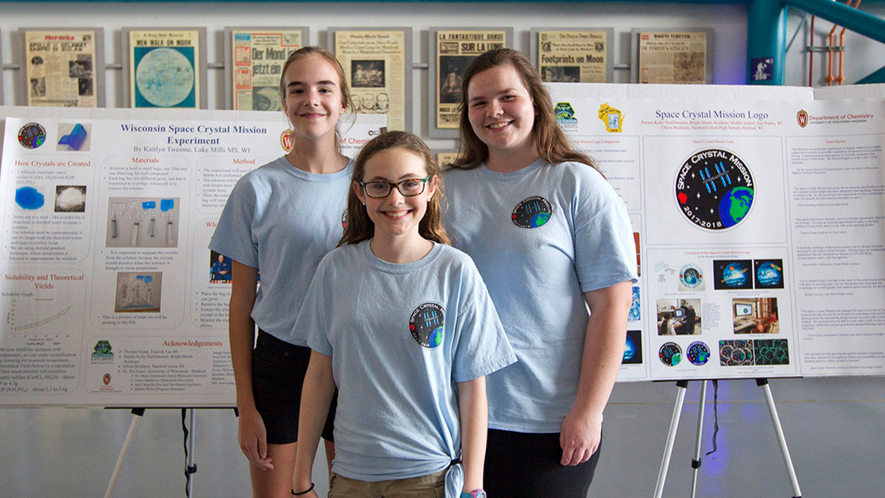 The two students on the left, shown here the day of the SpaceX 14 launch in April 2018, presented their results at the ISS R&D Conference in July.