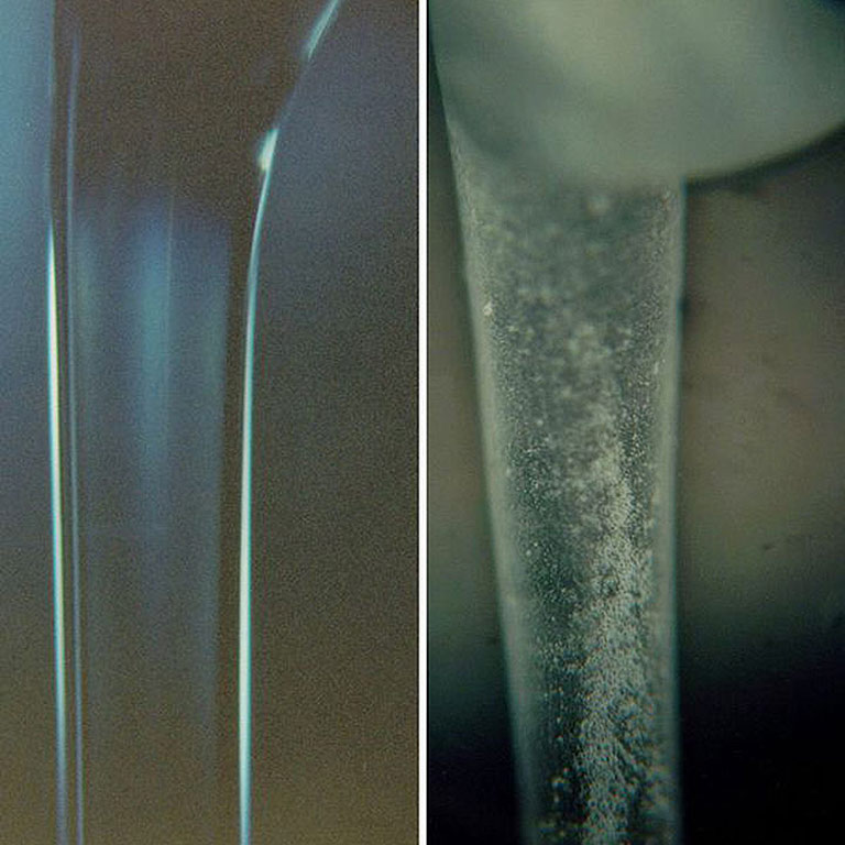 ZBLAN produced in microgravity (left) and ZBLAN produced in normal gravity (right)