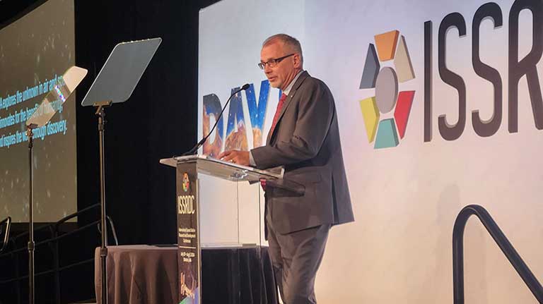 NASA Associate Administrator Jim Free gives a luncheon keynote address at ISSRDC 2024