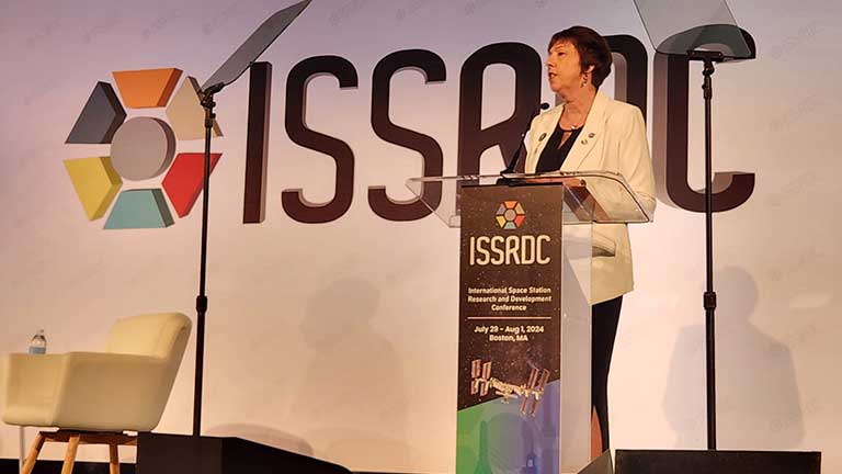 Nicky Fox, associate administrator for NASA’s Science Mission Directorate, gives a lightning talk at ISSRDC 2024
