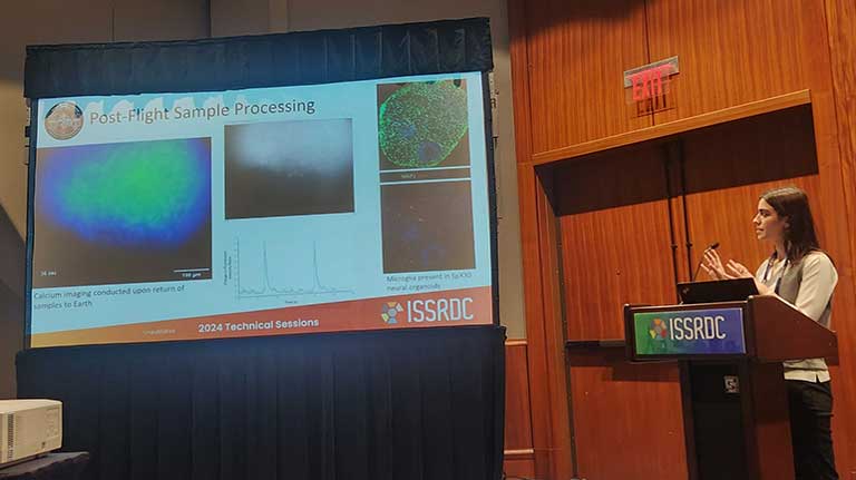 Nicolette Pirjanian, associate scientist at the New York Stem Cell Foundation Research Institute, discussed her team’s research on brain organoids in space during an ISSRDC 2024 technical session on biology and medicine.