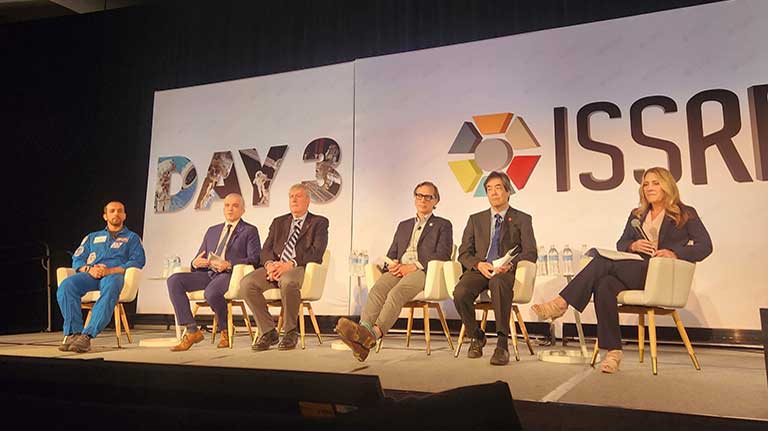 An ISSRDC 2024 panel session with ISS International Partners: Hazzaa Al Mansoori, United Arab Emirates Astronaut Office; Luca Di Fino, Italian Space Agency; Mathieu Caron, Canadian Space Agency; Fabio Caramelli, European Space Agency; Masaki Shirakawa, Japan Aerospace Exploration Agency; Dana Weigel