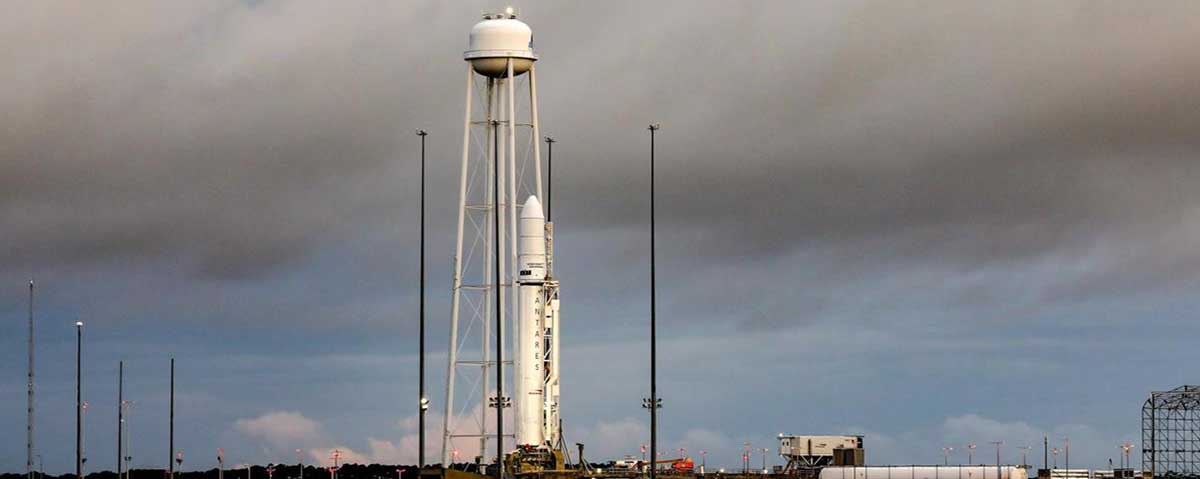A Northrop Grumman Antares rocket carrying a Cygnus resupply spacecraft is seen at sunrise on the Mid-Atlantic Regional Spaceport’s Pad-0A, Aug. 7, 2021, at NASA's Wallops Flight Facility in Virginia.
