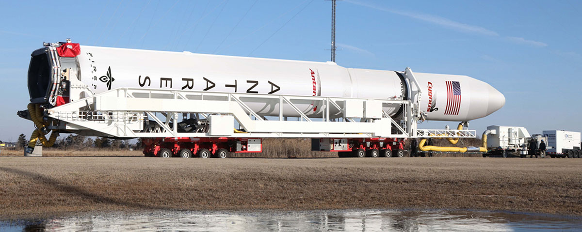 A Northrop Grumman Antares rocket carrying a Cygnus spacecraft loaded with cargo bound for the ISS heads to the launchpad at NASA Wallops Flight Facility