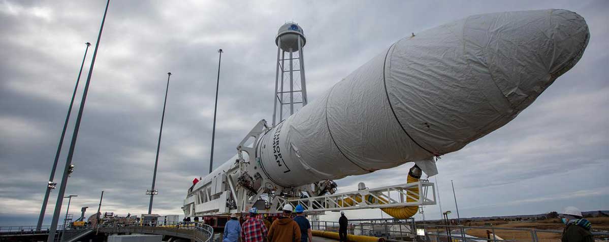 A Northrop Grumman Antares rocket carrying a Cygnus resupply spacecraft arrives at the Mid-Atlantic Regional Spaceport’s Pad-0A, Tuesday, Feb. 16, 2021, at NASA's Wallops Flight Facility in Virginia.