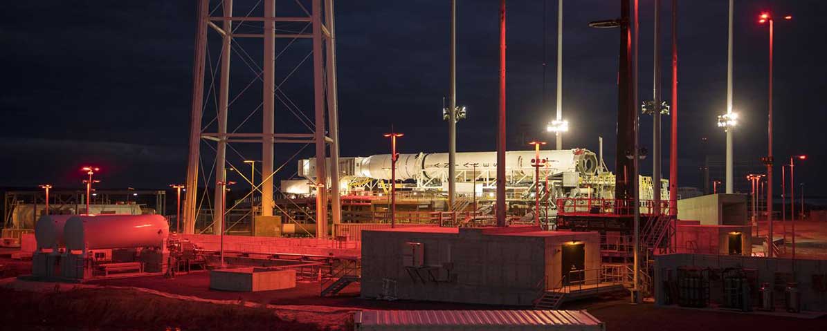 A Northrop Grumman Antares rocket carrying a Cygnus resupply spacecraft is horizontal for the final cargo load on Pad-0A, Friday, Feb. 7, 2020 at Wallops Flight Facility for the company’s 13th contracted cargo resupply mission to the ISS.
