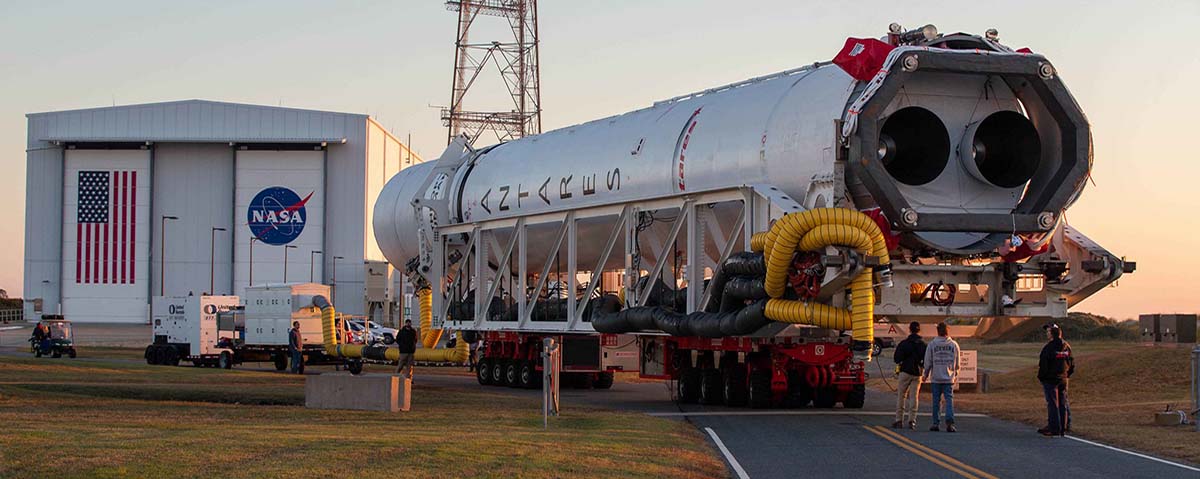 A Northrop Grumman Antares rocket carrying a Cygnus spacecraft loaded with cargo bound for the ISS is transported to the Mid Atlantic Regional Spaceports Pad 0A, Wednesday, Nov. 2, 2022, at NASAs Wallops Flight Facility in Virginia.