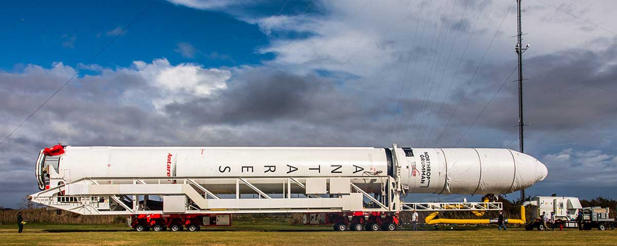 A Northrop Grumman Antares rocket carrying a Cygnus resupply spacecraft is seen as it is transported to the Mid-Atlantic Regional Spaceport’s Pad-0A, September 26, 2020, at NASA's Wallops Flight Facility.