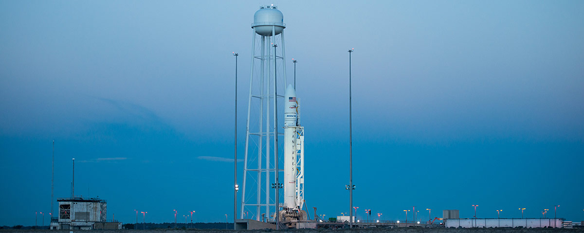 Antares Rocket With Cygnus Spacecraft at the Launch Pad The Orbital ATK Antares rocket, with the Cygnus spacecraft onboard, is seen on launch Pad 0A, Saturday, Oct. 15, 2016 at NASAs Wallops Flight Facility in Virginia. Orbital ATKs sixth contracted cargo resupply mission with NASA to the International Space Station will deliver over 5,100 pounds of science and research, crew supplies and hardware.