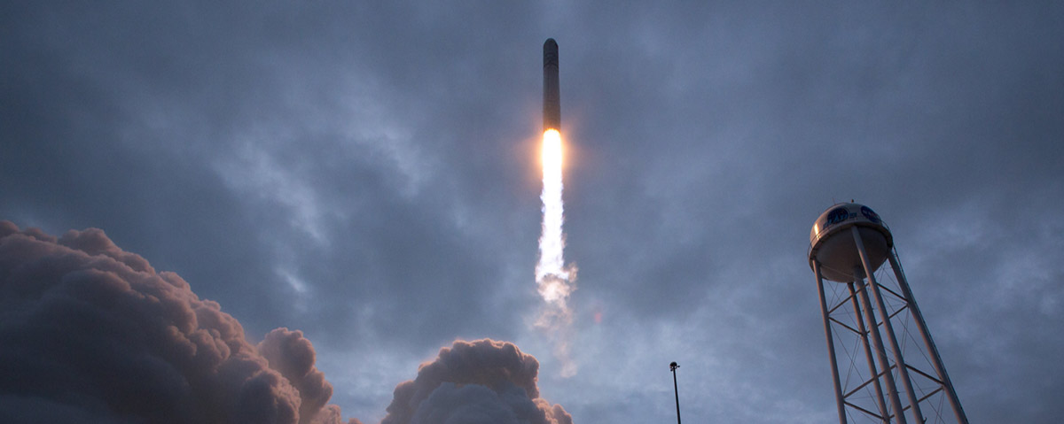 The Orbital ATK Antares rocket, with the Cygnus spacecraft onboard, launches from Pad 0A, Sunday, Nov. 12, 2017 at NASAs Wallops Flight Facility in Virginia. Orbital ATKs eighth contracted cargo resupply mission with NASA to the International Space Station will deliver approximately 7,400 pounds of science and research, crew supplies and vehicle hardware to the orbital laboratory and its crew.