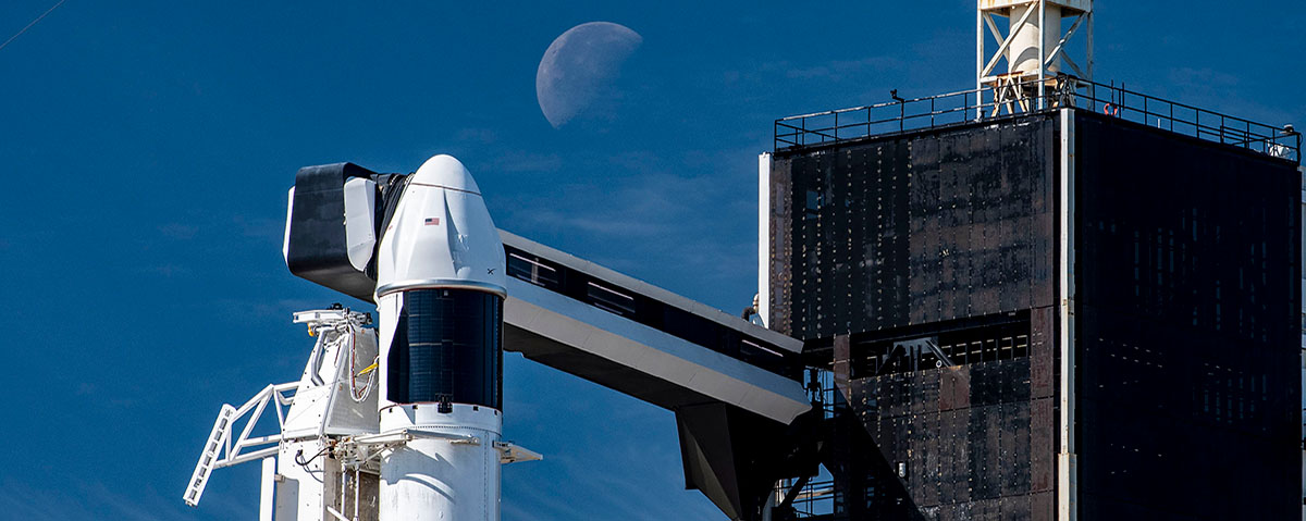 An up-close view of the SpaceX Dragon spacecraft atop the company’s Falcon 9 rocket in the vertical position at NASA’s Kennedy Space Center on March 14, 2023, in preparation for the 27th commercial resupply services launch to the International Space Station.