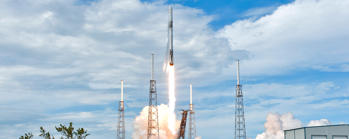 A SpaceX Falcon 9 rocket soars upward after lifting off from Space Launch Complex 40 at Cape Canaveral Air Force Station in Florida at 4:30 p.m. EDT, carrying the SpaceX Dragon resupply spacecraft. On its 14th commercial resupply services mission for NASA, Dragon will deliver supplies, equipment and new science experiments for technology research to the space station