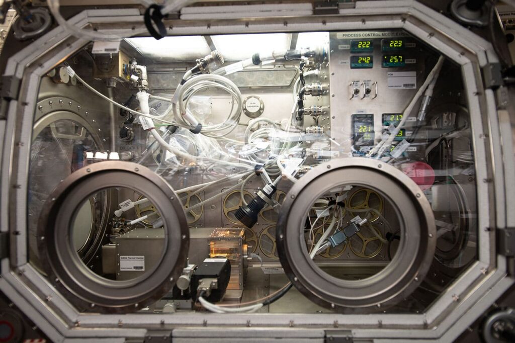 iss058e028142 (3/7/2019) --- View of the Microgravity Sciences Glovebox (MSG) during configuration of the SUBSA (Solidification Using Baffles in Sealed Ampoules) hardware in the MSG Work Volume in the Destiny Laboratory aboard the International Space Staion(ISS). SUBSA is a high-temperature furnace that can be used to study how microgravity affects the synthesis of semiconductor and scintillator crystals. Image courtesy of NASA.