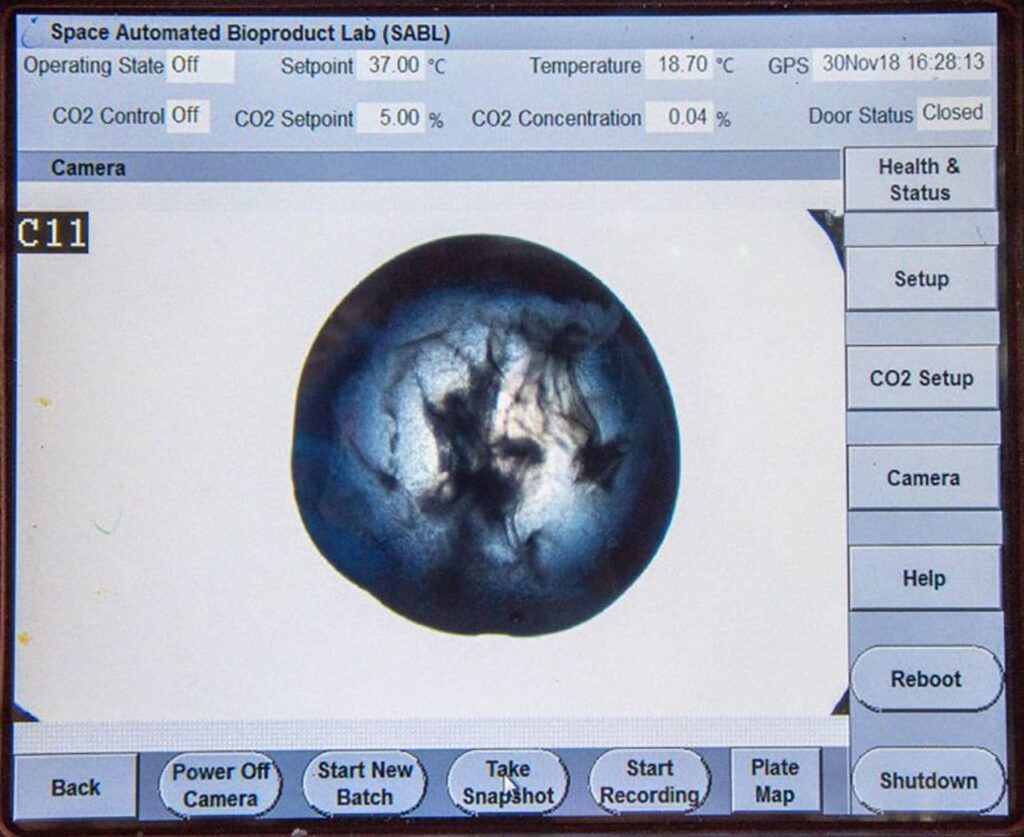 SABL Microscope Crew Interface displaying a protein crystal shower during the PCG-16 experiment
