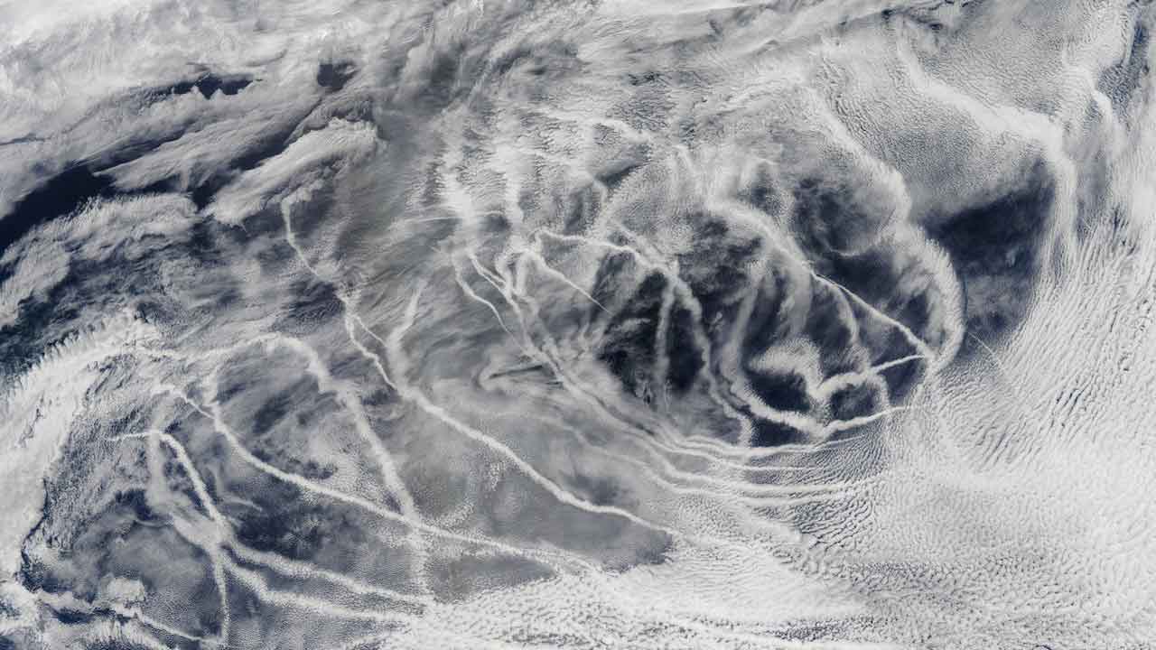 earth-obs-ship-tracks Ship tracks above the northern Pacific Ocean. NASA image captured July 3, 2010. Satellite: Aqua