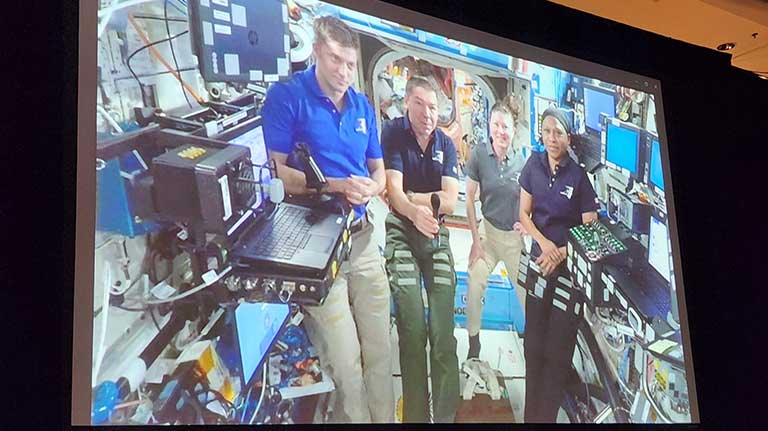 Day 1 of ISSRDC 2024 included a live downlink with four NASA astronauts currently on the space station: NASA astronauts Matthew Dominick, Michael Barratt, Tracy C. Dyson, and Jeanette Epps.