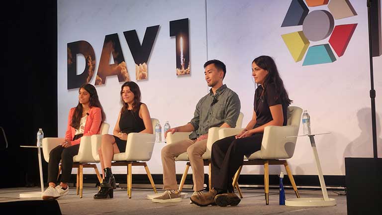 Anna-Sophia Boguraev (right), inaugural winner of the Genes in Space student research competition, led a panel discussion with fellow Genes in Space alumni Aarthi Vijayakumar, Kaylie Hausknecht, and Jonathan Chang on the program's impact on their academics and career path.