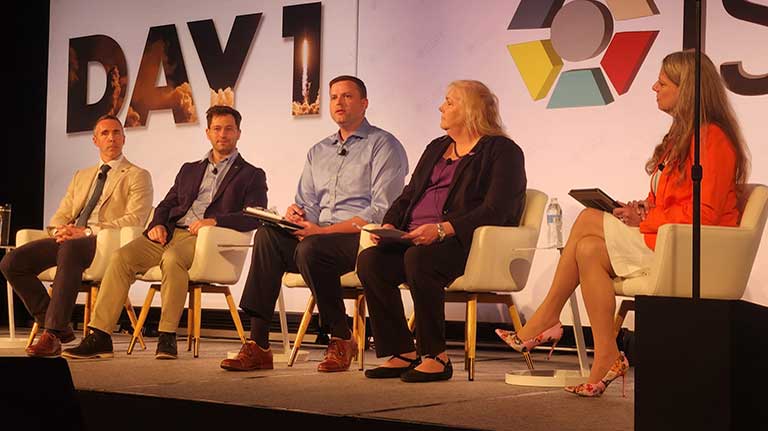 ISS National Lab Deputy Chief Scientist Donna Roberts moderated a panel session on human systems integration with Kris Lehnhardt, Element Scientist for Exploration Medical Capability at NASA; Dana Levin, Vast Space Medical Director and Chief Flight Surgeon; Ryan Amick, KBR Human Health and Performance Fellow; and Kritina Holden, Leidos Technical Fellow in Human Factors.