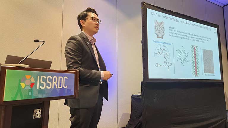 During the ISSRDC 2024 Day 1 Biology and Medicine Technical Session, University of Connecticut researcher Yupeng Chen discussed his team's ISS National Lab-sponsored research on Janus base nanomaterials for drug delivery.
