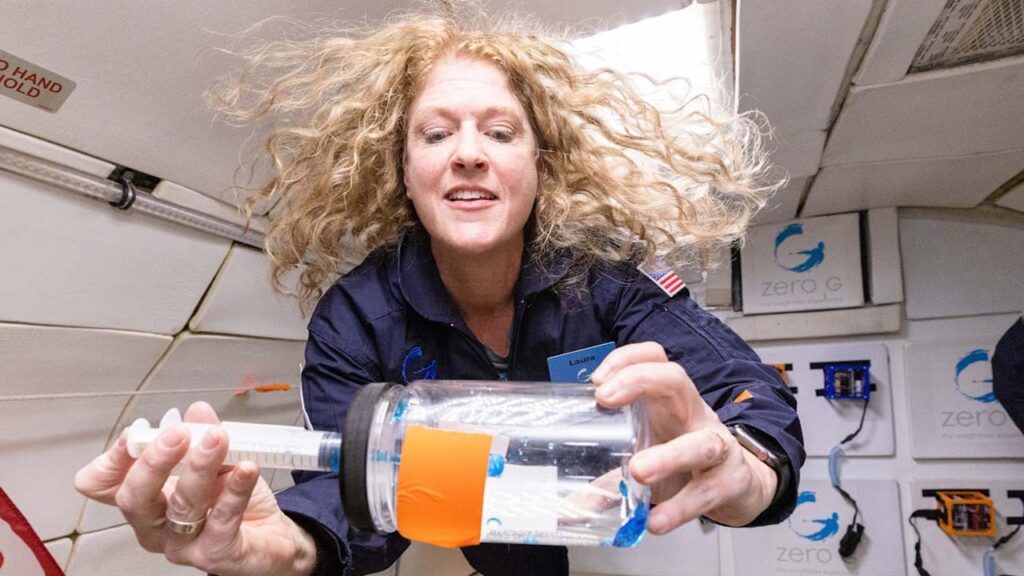 Space Station Ambassador and educator, Laura Tomlin, participating in a reduced gravity flight as part of the Embedded Teachers Program