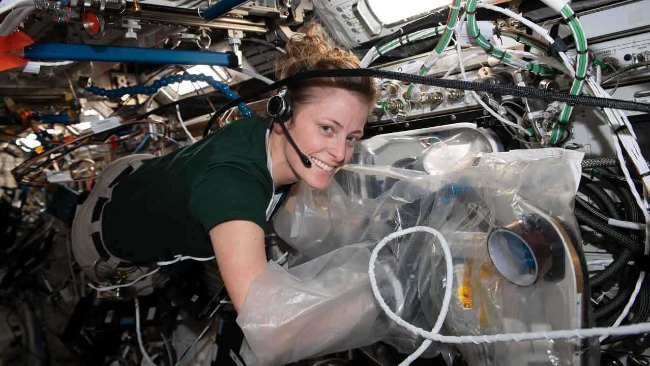 loral-ohara-redwire-bff NASA astronaut and Expedition 70 Flight Engineer Loral O'Hara uses a portable glovebag to replace components on a biological printer, the BioFabrication Facility (BFF), that is testing the printing of organ-like tissues in microgravity.
