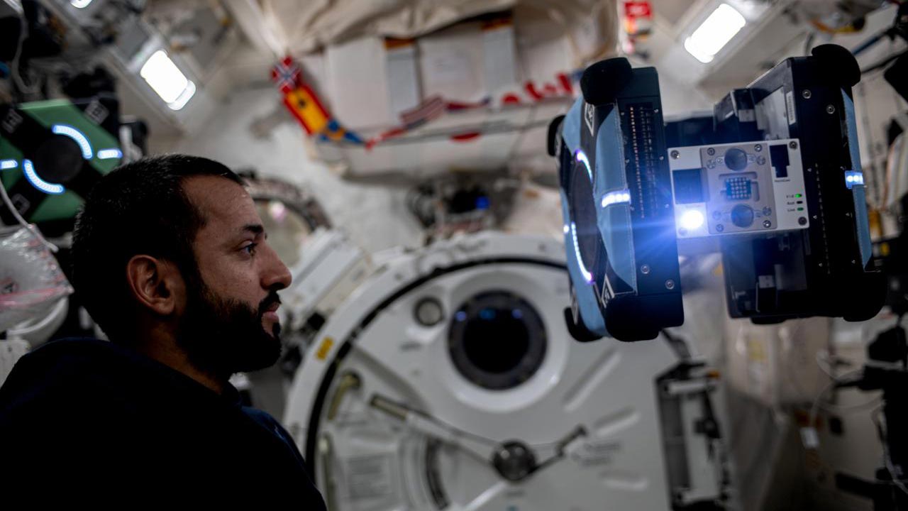 sultan-al-neyadi-onstation-astrobee UAE astronaut and Expedition 69 Flight Engineer Sultan Alneyadi observes a free-flying Astrobee robotic assistant onboard the International Space Station.