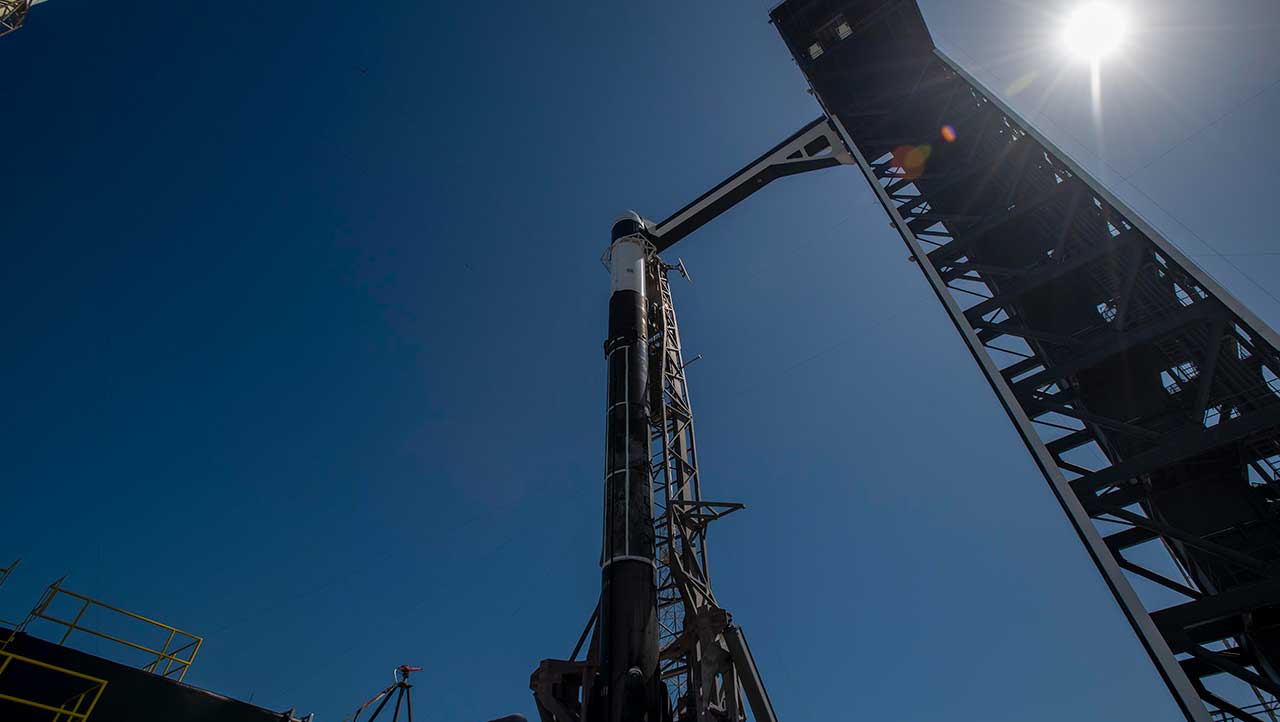 A SpaceX Falcon 9 rocket, with the Dragon spacecraft atop, at Space Launch Complex 40 at Cape Canaveral Space Force Station on March 19, 2024, in preparation for the 30th commercial resupply services launch to the ISS.