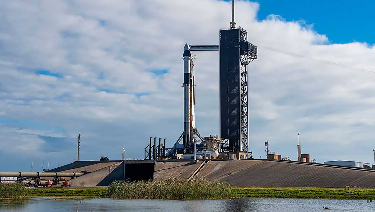 In preparation for SpaceX’s 29th commercial resupply services launch to the ISS, Falcon 9 rocket, with the Dragon spacecraft atop, stands at Kennedy Space Center’s Launch Complex 39A in November 2023.