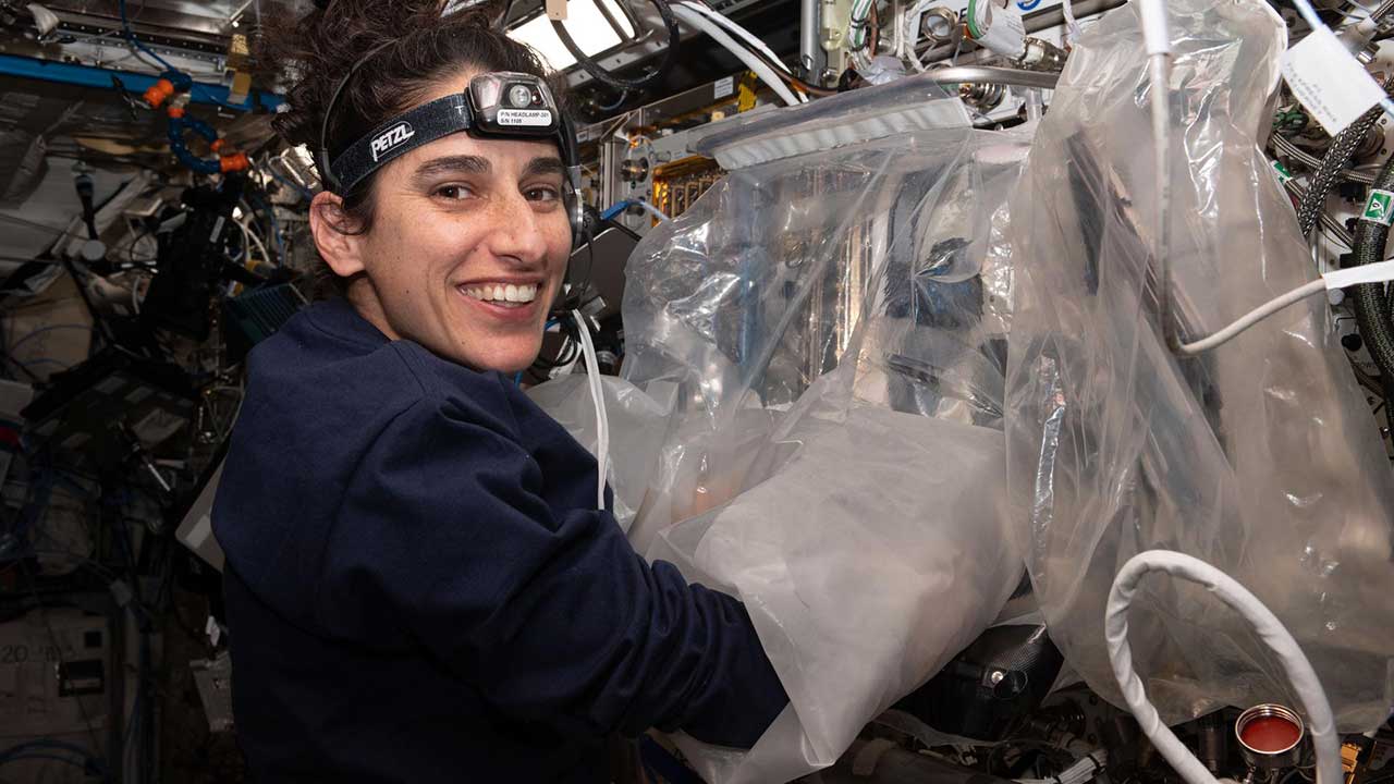 NASA astronaut Jasmin Moghbeli works with the BioFabrication Facility onboard the ISS