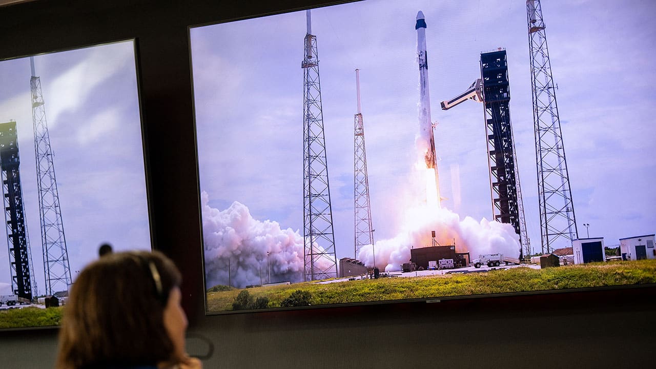 Deputy Chief of the Astronaut Office Shannon Walker monitors the launch of the Crew-9 mission from SpaceX’s HangarX at NASA’s Kennedy Space Center.